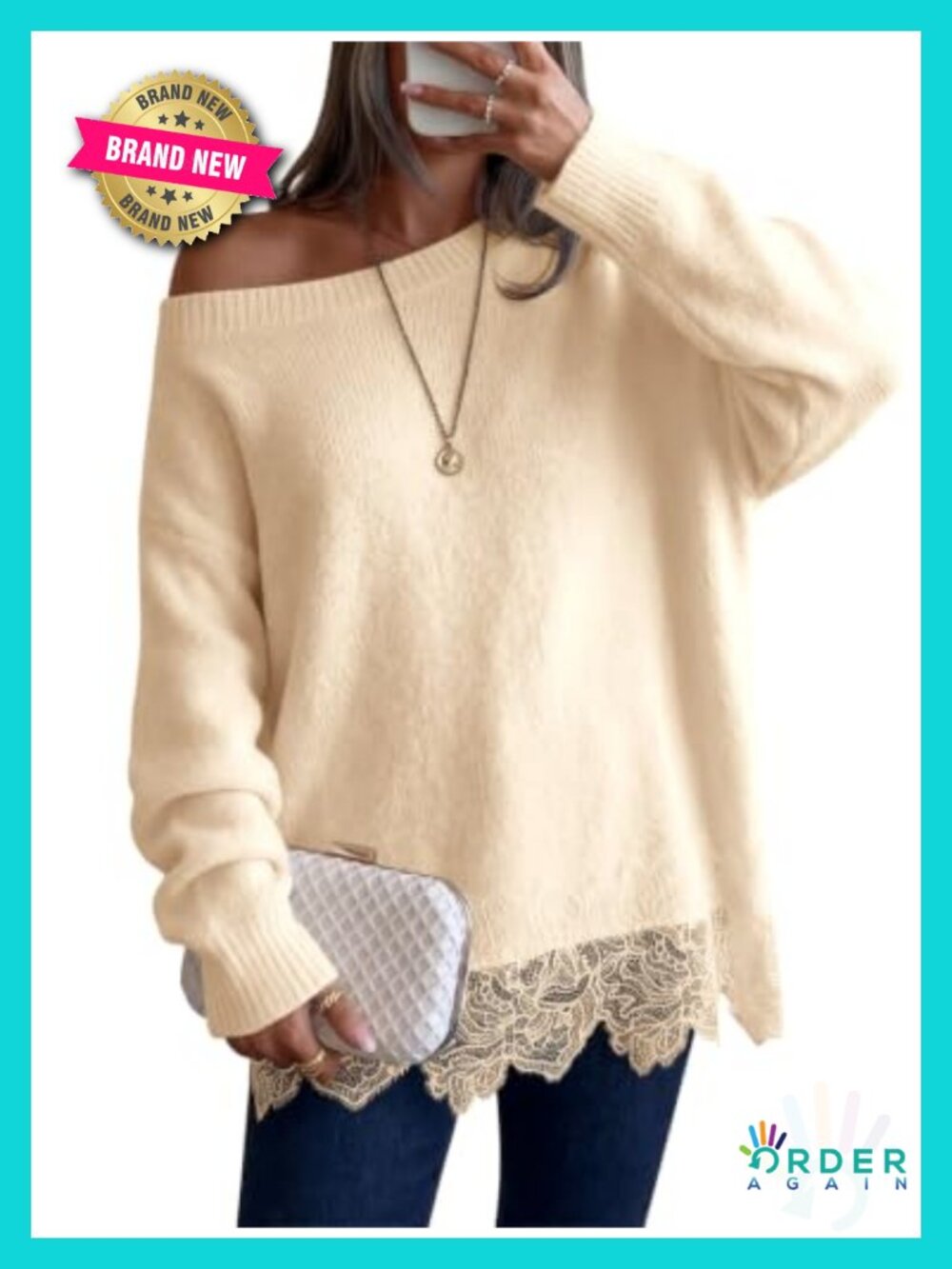 Womens Lace Patchwork Sweater Boat Neck Long Sleeve Pullover